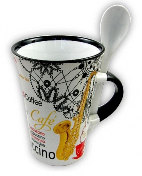 Preview: Cappuccino Mug With Spoon - Saxophone (White)