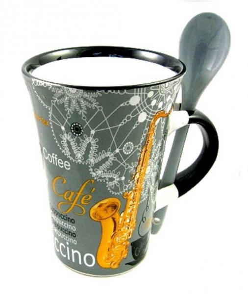 Preview: Cappuccino Mug With Spoon - Saxophone (Grey)
