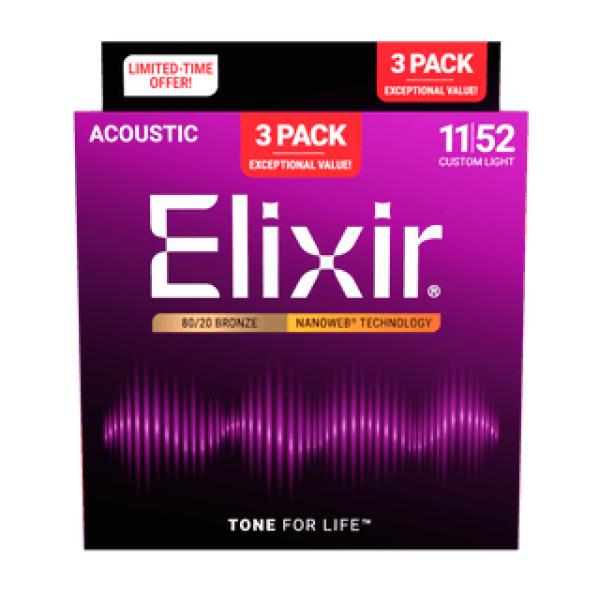 Elixir 16564 80/20 Bronze 011/052 Nanoweb 3-Pack
