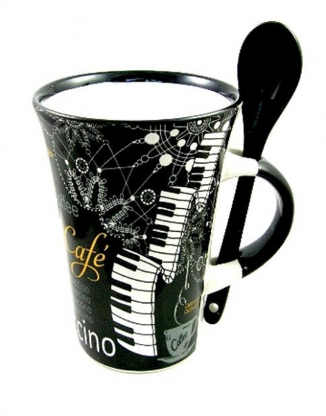 Cappuccino Mug With Spoon - Piano (Black)