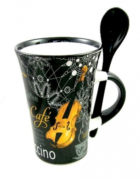Cappuccino Mug With Spoon - Violin (Black)