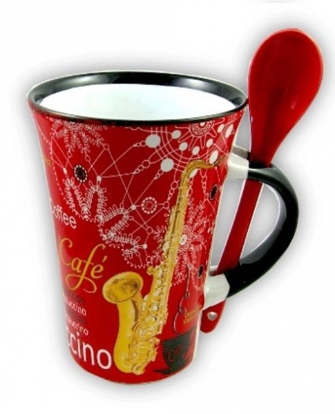 Cappuccino Mug With Spoon - Saxophone (Red)