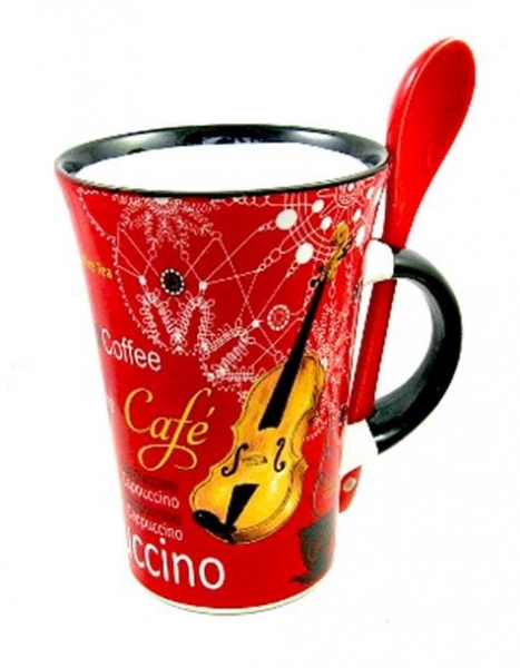 Cappuccino Mug With Spoon - Violin (Red)
